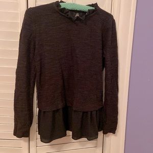 LOFT Black Knit Sweater with ruffle hemline and neck Small